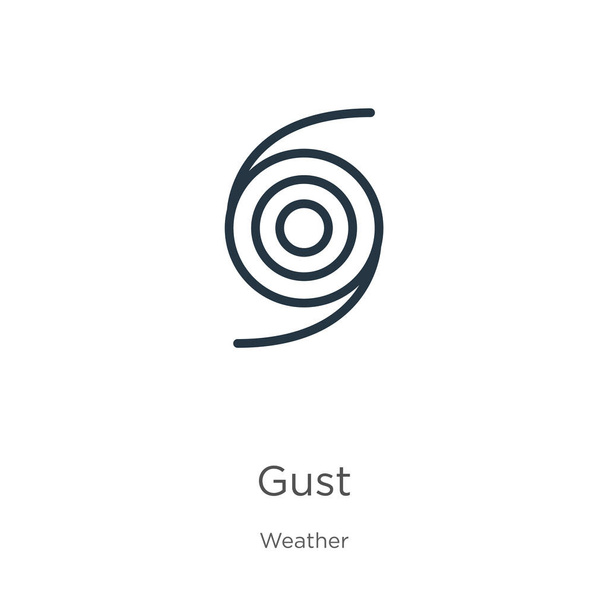 Gust-ikoni. Ohut lineaarinen tuulenpuuska ääriviivat kuvaketta eristetty valkoisella taustalla säältä kokoelma. Line vektori merkki, symboli web ja mobiili - Vektori, kuva