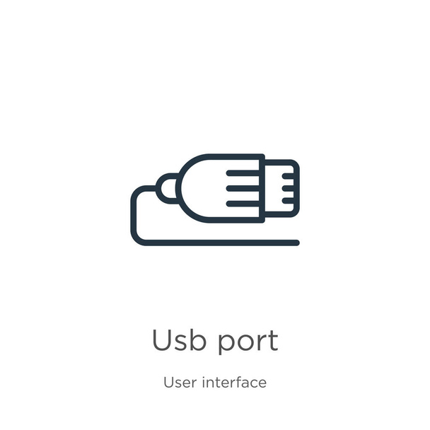 Піктограма порту Usb. Тонка лінійна піктограма контуру порту USB ізольована на білому тлі з колекції інтерфейсів користувача. Лінійний векторний знак, символ для веб та мобільних пристроїв
 - Вектор, зображення
