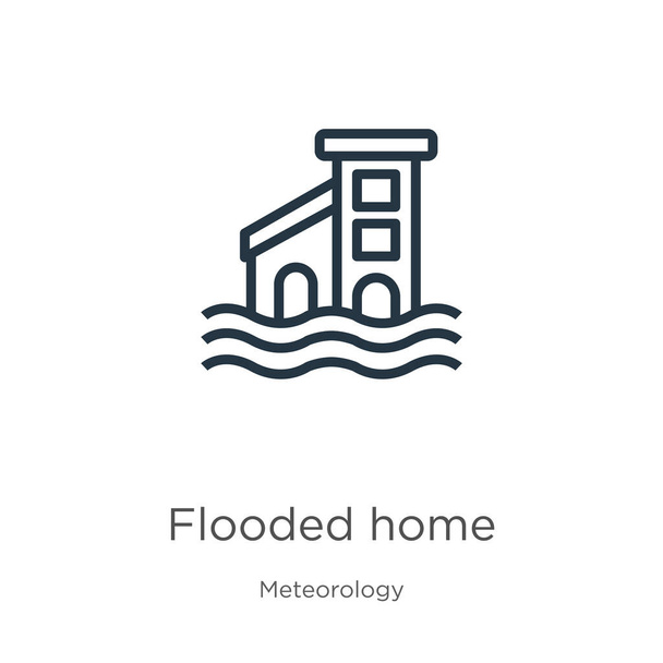 Flooded home icon. Thin linear flooded home outline icon isolated on white background from meteorology collection. Line vector sign, symbol for web and mobile - Vector, Image