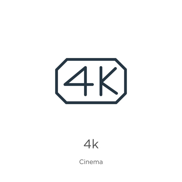 4K simgesi. Beyaz arkaplanda, sinema koleksiyonundan izole edilmiş ince çizgisel 4k taslak ikonu. Çizgi vektör işareti, ağ ve mobil sembolü - Vektör, Görsel