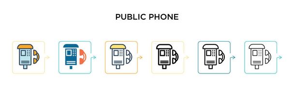 Значок вектора общественного телефона в 6 различных современных стилях. Черный, два цветных иконки общественного телефона разработаны в заполненном, очертания, линии и штрих стиле. Векторная иллюстрация может быть использована для веб, мобильного, ui - Вектор,изображение