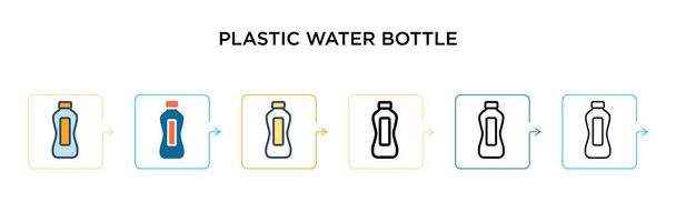 Векторний значок пластикової пляшки води в 6 різних сучасних стилях. Чорні, два кольорові пластикові пляшки для води, розроблені в заповненому, контурному, лінійному стилі та стилі штрихів. Векторні ілюстрації можуть бути використані для
  - Вектор, зображення
