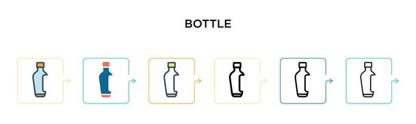 Flaschenvektorsymbol in 6 verschiedenen modernen Stilen. Schwarze, zweifarbige Flaschensymbole in Füll-, Umriss-, Linien- und Strichstil. Vektor-Illustration kann für Web, Mobile, UI verwendet werden - Vektor, Bild