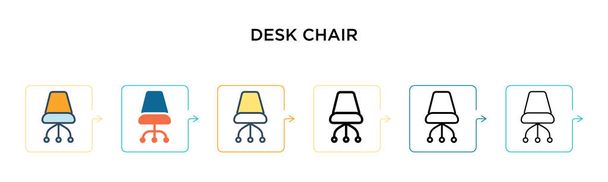Schreibtischstuhl-Vektorsymbol in 6 verschiedenen modernen Stilen. Schwarze, zweifarbige Schreibtischstuhlsymbole, die im Stil der Füllungen, Konturen, Linien und Striche gestaltet sind. Vektor-Illustration kann für Web, Mobile, UI verwendet werden - Vektor, Bild
