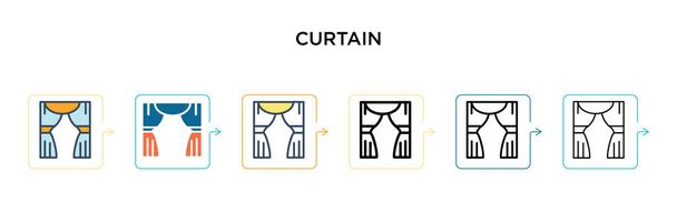 Icona vettoriale tenda in 6 diversi stili moderni. Nero, due icone colorate per tende disegnate in stile riempito, contorno, linea e tratto. Illustrazione vettoriale può essere utilizzato per web, mobile, ui - Vettoriali, immagini