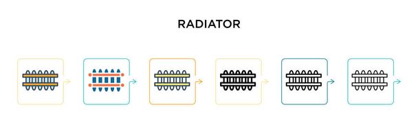 Ikona vektoru radiátoru v 6 různých moderních stylech. Černá, dvě barevné ikony chladiče navržené ve vyplněném, obrysovém, liniovém a tahovém stylu. Vektorové ilustrace lze použít pro web, mobil, ui - Vektor, obrázek