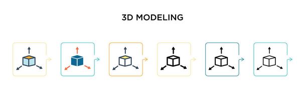 6 farklı modern stilde 3D model vektör ikonu. Siyah, doldurulmuş, ana hatları çizilmiş, çizgi ve vuruş stiliyle tasarlanmış iki renkli 3D mankenlik simgesi. Vektör illüstrasyonu ağ, mobil, ui için kullanılabilir - Vektör, Görsel