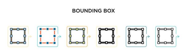 Bounding box vector icon in 6 diversi stili moderni. Nero, due icone colorate che delimitano la scatola progettate in stile riempito, contorno, linea e tratto. Illustrazione vettoriale può essere utilizzato per web, mobile, ui - Vettoriali, immagini