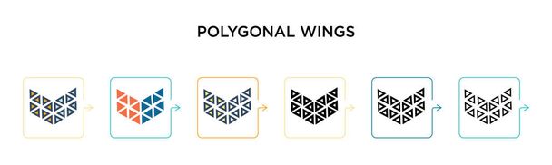 Πολύγωνα φτερά διάνυσμα εικονίδιο σε 6 διαφορετικά σύγχρονα στυλ. Μαύρο, δύο χρωματιστά πολυγωνικό φτερά εικονίδια σχεδιασμένα σε γεμάτο, περίγραμμα, γραμμή και στυλ εγκεφαλικό επεισόδιο. Εικονογράφηση διάνυσμα μπορεί να χρησιμοποιηθεί για web, κινητά,  - Διάνυσμα, εικόνα