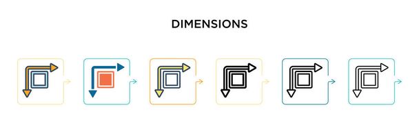 Dimensionen Vektor-Symbol in 6 verschiedenen modernen Stilen. Schwarze, zweifarbige Abmessungssymbole in Füll-, Umriss-, Linien- und Strichstil. Vektor-Illustration kann für Web, Mobile, UI verwendet werden - Vektor, Bild