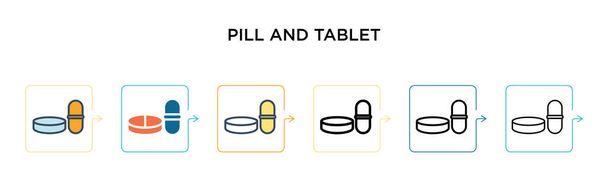 Pill a tablet vektorové ikony v 6 různých moderních stylů. Černá, dvě barevné pilulky a tablety ikony navržené ve vyplněném, obrysu, lince a stylu tahu. Vektorové ilustrace lze použít pro web, mobilní,  - Vektor, obrázek