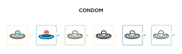 Ikona vektoru kondomu v 6 různých moderních stylech. Černá, dvě barevné ikony kondomu navržené ve vyplněném, obrysovém, liniovém a tahovém stylu. Vektorové ilustrace lze použít pro web, mobil, ui - Vektor, obrázek