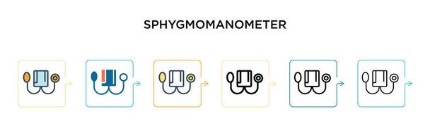 6 farklı modern stilde Sphygmomanometer vektör simgesi. Siyah, iki renkli sfenometre simgesi doldurulmuş, ana hatları çizilmiş, çizgi ve çizgi şeklinde dizayn edilmiş. Vektör illüstrasyonu ağ için kullanılabilir,  - Vektör, Görsel