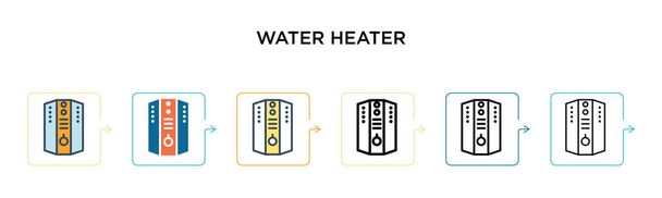 Warmwasserbereiter Vektor-Symbol in 6 verschiedenen modernen Stilen. Schwarze, zweifarbige Symbole für Warmwasserbereiter, die in gefülltem, konturiertem, linien- und streichartigem Stil gestaltet sind. Vektor-Illustration kann für Web, Mobile, UI verwendet werden - Vektor, Bild