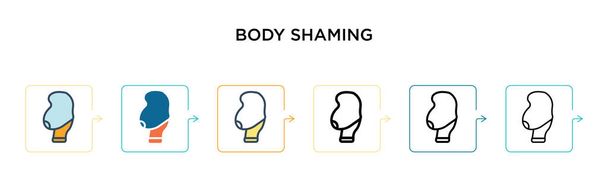 Body shaming vector icoon in 6 verschillende moderne stijlen. Zwart, twee gekleurde lichaam beschamen pictogrammen ontworpen in gevulde, omtrek, lijn en slag stijl. Vector illustratie kan worden gebruikt voor web, mobiel, ui - Vector, afbeelding