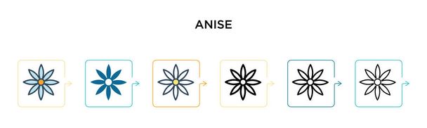 Anise διάνυσμα εικονίδιο σε 6 διαφορετικά σύγχρονα στυλ. Μαύρο, δύο χρωματιστά εικονίδια γλυκάνισο σχεδιασμένο σε γεμάτο, περίγραμμα, γραμμή και στυλ εγκεφαλικό επεισόδιο. Εικονογράφηση διάνυσμα μπορεί να χρησιμοποιηθεί για web, κινητά, ui - Διάνυσμα, εικόνα