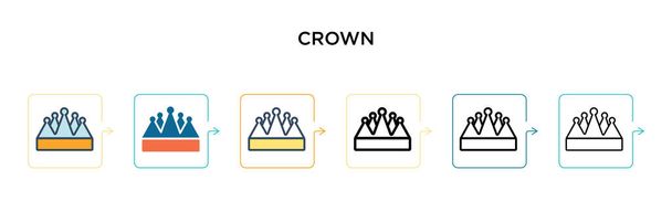 Crown διάνυσμα εικονίδιο σε 6 διαφορετικά σύγχρονα στυλ. Μαύρο, δύο χρωματιστά εικονίδια στέμμα σχεδιασμένο σε γεμάτο, περίγραμμα, γραμμή και στυλ εγκεφαλικό επεισόδιο. Εικονογράφηση διάνυσμα μπορεί να χρησιμοποιηθεί για web, κινητά, ui - Διάνυσμα, εικόνα