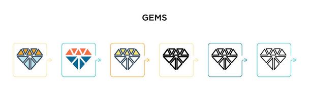 Icône vectorielle de gemmes dans 6 styles modernes différents. Noir, deux icônes de gemmes colorées conçues dans le style rempli, contour, ligne et trait. Illustration vectorielle peut être utilisé pour le web, mobile, ui - Vecteur, image