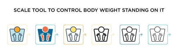 6つの異なる現代的なスタイルでそれのベクトルアイコンに立って体重を制御するためのスケールツール。フル、アウトライン、ラインで設計されたアイコンに立って体重を制御するための黒、 2色のスケールツール  - ベクター画像