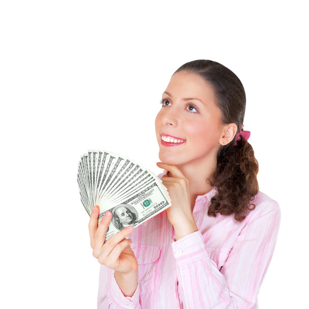 Happy pretty woman holding a bunch of money isolated on white background - Fotografie, Obrázek