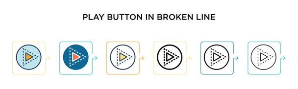 Play knop in gebroken lijn vector icoon in 6 verschillende moderne stijlen. Zwart, twee gekleurde play-knop in gebroken lijn pictogrammen ontworpen in gevulde, omtrek, lijn en slag stijl. Vector illustratie kan worden  - Vector, afbeelding