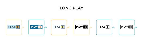 Long play διάνυσμα εικονίδιο σε 6 διαφορετικά σύγχρονα στυλ. Μαύρο, δύο χρωματιστά εικονίδια παιχνίδι μακράς σχεδιαστεί σε γεμάτο, περίγραμμα, γραμμή και στυλ εγκεφαλικό επεισόδιο. Εικονογράφηση διάνυσμα μπορεί να χρησιμοποιηθεί για web, κινητά, ui - Διάνυσμα, εικόνα