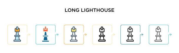 Langes Leuchtturm-Vektor-Symbol in 6 verschiedenen modernen Stilen. Schwarze, zweifarbige, lange Leuchtturm-Icons, die in Füll-, Umriss-, Linien- und Strichstil gestaltet sind. Vektor-Illustration kann für Web, Mobile verwendet werden,  - Vektor, Bild