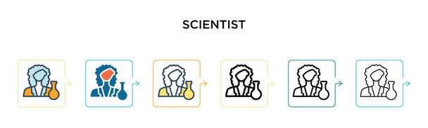 Icona vettoriale scienziato in 6 diversi stili moderni. Nero, due icone di scienziati colorati progettati in pieno, contorno, linea e stile ictus. Illustrazione vettoriale può essere utilizzato per web, mobile, ui - Vettoriali, immagini