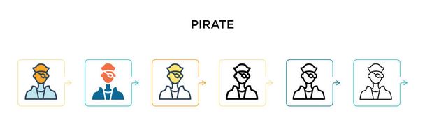 Icona vettoriale pirata in 6 diversi stili moderni. Nero, due icone pirata colorate progettate in pieno, contorno, linea e stile tratto. Illustrazione vettoriale può essere utilizzato per web, mobile, ui - Vettoriali, immagini