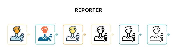 Icona vettoriale reporter in 6 diversi stili moderni. Nero, due icone reporter colorate progettate in pieno, contorno, linea e stile tratto. Illustrazione vettoriale può essere utilizzato per web, mobile, ui - Vettoriali, immagini