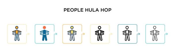 Ihmiset hula hop vektori kuvaketta 6 eri moderneja tyylejä. Musta, kaksi värillistä ihmistä hula hop kuvakkeet suunniteltu täytetty, ääriviivat, viivat ja aivohalvaus tyyli. Vektori kuva voidaan käyttää web, mobiili,  - Vektori, kuva