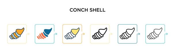 Conch shell vektorová ikona v 6 různých moderních stylech. Černá, dvě barevné lastury ikony skořepiny navržené ve vyplněném, obrysu, lince a stylu tahu. Vektorové ilustrace lze použít pro web, mobil, ui - Vektor, obrázek