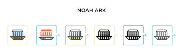 Noah Arche Vektor Icon in 6 verschiedenen modernen Stilen. Schwarze, zweifarbige Noah-Arche-Symbole in Füll-, Umriss-, Linien- und Strichstil. Vektor-Illustration kann für Web, Mobile, UI verwendet werden - Vektor, Bild