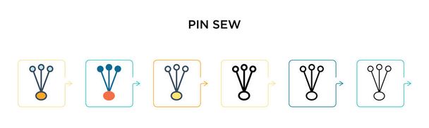 Pin naaien vector icoon in 6 verschillende moderne stijlen. Zwart, twee gekleurde pin naaien pictogrammen ontworpen in gevulde, omtrek, lijn en slag stijl. Vector illustratie kan worden gebruikt voor web, mobiel, ui - Vector, afbeelding