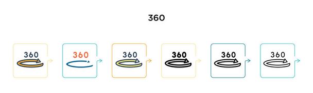 360 vektorová ikona v 6 různých moderních stylech. Černá, dvě barevné 360 ikon navrženy ve vyplněném, obrysu, linie a tah stylu. Vektorové ilustrace lze použít pro web, mobil, ui - Vektor, obrázek