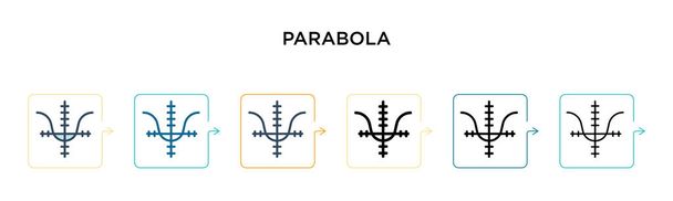 Parabola διάνυσμα εικονίδιο σε 6 διαφορετικά σύγχρονα στυλ. Μαύρο, δύο χρωματιστά εικονίδια parabola σχεδιαστεί σε γεμάτο, περίγραμμα, γραμμή και στυλ εγκεφαλικό επεισόδιο. Εικονογράφηση διάνυσμα μπορεί να χρησιμοποιηθεί για web, κινητά, ui - Διάνυσμα, εικόνα