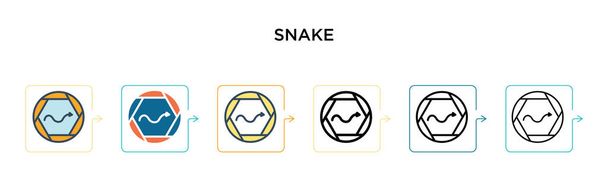 Icono de vector de signo de serpiente en 6 estilos modernos diferentes. Negro, dos iconos de carteles de serpiente de colores diseñados en estilo lleno, contorno, línea y trazo. Ilustración vectorial se puede utilizar para web, móvil, ui
 - Vector, imagen