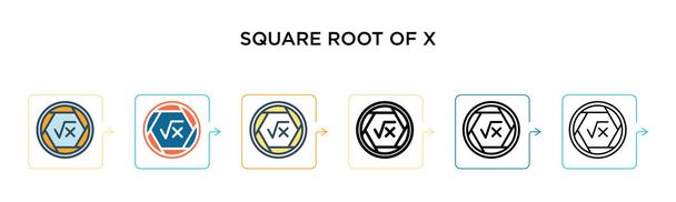 Pierwiastek kwadratowy x znaków wektor ikona w 6 różnych nowoczesnych stylach. Czarny, dwa kolorowe pierwiastki kwadratowe ikon znaków x zaprojektowane w stylu wypełnionym, zarys, linia i udar. Ilustracja wektora może być użyta do - Wektor, obraz