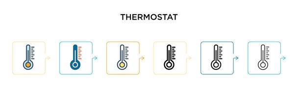 Thermostat διάνυσμα εικονίδιο σε 6 διαφορετικά σύγχρονα στυλ. Μαύρο, δύο χρωματιστά εικονίδια θερμοστάτη σχεδιασμένο σε γεμάτο, περίγραμμα, γραμμή και στυλ εγκεφαλικό επεισόδιο. Εικονογράφηση διάνυσμα μπορεί να χρησιμοποιηθεί για web, κινητά, ui - Διάνυσμα, εικόνα