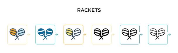 Rackets vector icoon in 6 verschillende moderne stijlen. Zwart, twee gekleurde rackets pictogrammen ontworpen in gevulde, omtrek, lijn en slag stijl. Vector illustratie kan worden gebruikt voor web, mobiel, ui - Vector, afbeelding
