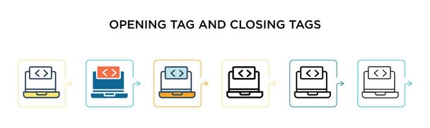 Opening tag and closing tags vector icon in 6 different modern styles. Black, two colored opening tag and closing tags icons designed in filled, outline, line and stroke style. Vector illustration can - Vector, Image