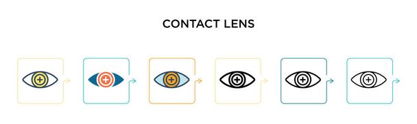 Kontak lens vektör simgesi 6 farklı modern stilde. Siyah, iki renkli kontak lens simgesi. Doldurulmuş, ana hatları çizilmiş, çizgi ve çizgi şeklinde dizayn edilmiş. Vektör illüstrasyonu ağ, mobil, ui için kullanılabilir - Vektör, Görsel
