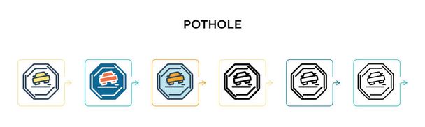Pothole διάνυσμα εικονίδιο σε 6 διαφορετικά σύγχρονα στυλ. Μαύρο, δύο χρωματιστά εικονίδια λακκούβα σχεδιασμένο σε γεμάτο, περίγραμμα, γραμμή και στυλ εγκεφαλικό επεισόδιο. Εικονογράφηση διάνυσμα μπορεί να χρησιμοποιηθεί για web, κινητά, ui - Διάνυσμα, εικόνα