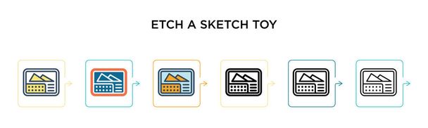 Gravar um ícone de vetor de brinquedo esboço em 6 estilos modernos diferentes. Preto, dois coloridos etch um ícones de brinquedo esboço projetado em cheio, contorno, linha e estilo de traço. Ilustração vetorial pode ser usada para web
,  - Vetor, Imagem