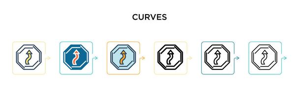 Kurven-Zeichenvektorsymbol in 6 verschiedenen modernen Stilen. Schwarze, zweifarbige Kurven kennzeichnen Symbole, die in Füll-, Umriss-, Linien- und Strichstil gestaltet sind. Vektor-Illustration kann für Web, Mobile, UI verwendet werden - Vektor, Bild