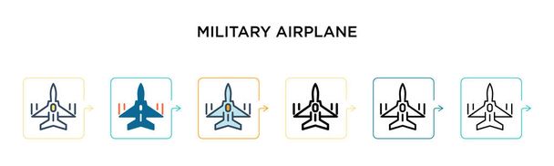 Icono de vector de avión militar en 6 estilos modernos diferentes. Negro, dos iconos de aviones militares de colores diseñados en estilo lleno, contorno, línea y trazo. Ilustración vectorial se puede utilizar para la web
,  - Vector, imagen