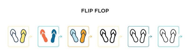 Flip flop icono de vector en 6 estilos modernos diferentes. Negro, dos iconos de chancla de colores diseñados en estilo lleno, contorno, línea y trazo. Ilustración vectorial se puede utilizar para web, móvil, ui
 - Vector, imagen