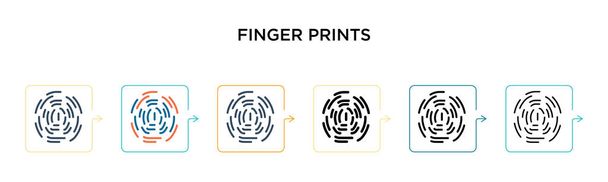 Vektor-Icon für Fingerabdrücke in 6 verschiedenen modernen Stilen. Schwarze, zweifarbige Fingerabdrucksymbole in Füll-, Umriss-, Linien- und Strichstil. Vektor-Illustration kann für Web, Mobile, UI verwendet werden - Vektor, Bild