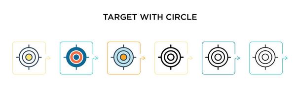 Цель с иконкой вектора круга в 6 различных современных стилях. Черная, двухцветная цель с иконками кругов, выполненными в стиле заполнения, контура, линии и штриха. Векторная иллюстрация может быть использована для веб
,  - Вектор,изображение