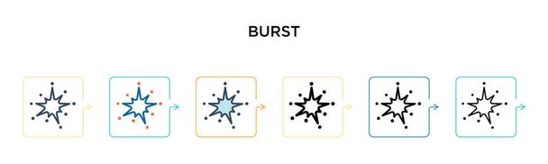 Burst-Vektor-Symbol in 6 verschiedenen modernen Stilen. Schwarze, zweifarbige Burst-Icons, die in Füll-, Umriss-, Linien- und Strichstil gestaltet sind. Vektor-Illustration kann für Web, Mobile, UI verwendet werden - Vektor, Bild
